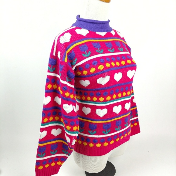 Vintage '80s Sure Fun Pink Hearts & Tulips Sweater - Picture 3 of 5